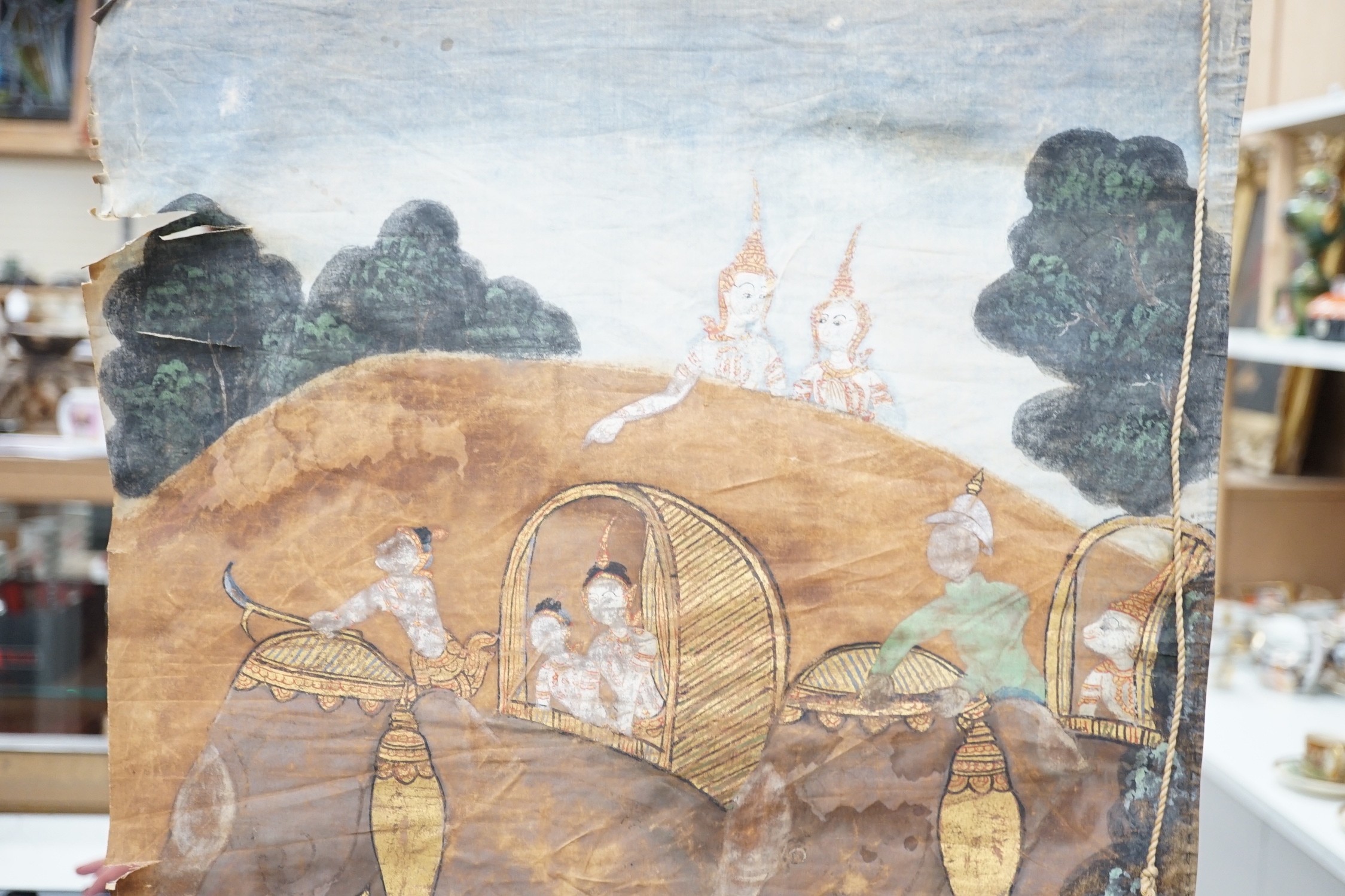 A 19th century Thai altar scroll, figures in landscape, 57 x 43cm